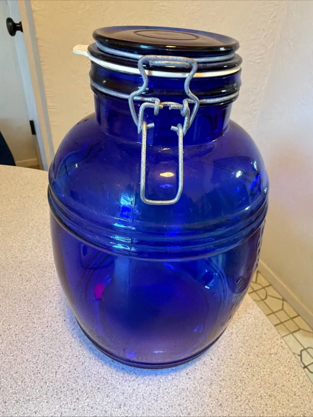 Cobalt Blue Cracker Barrel Glass Airtight Canister with lock down lid 11 inches